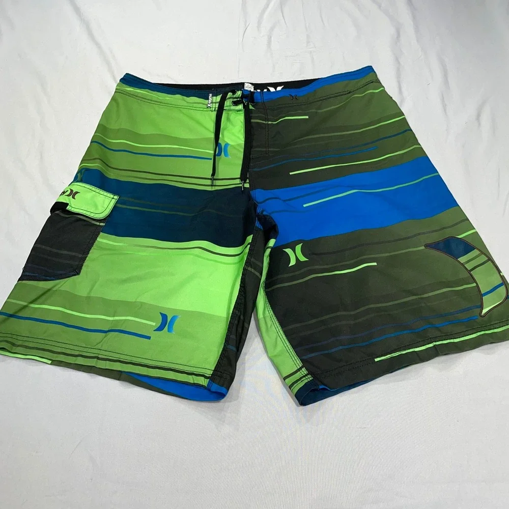 Hurley Mens Board Shorts Size 38 Green Blue Striped Swim Trunks